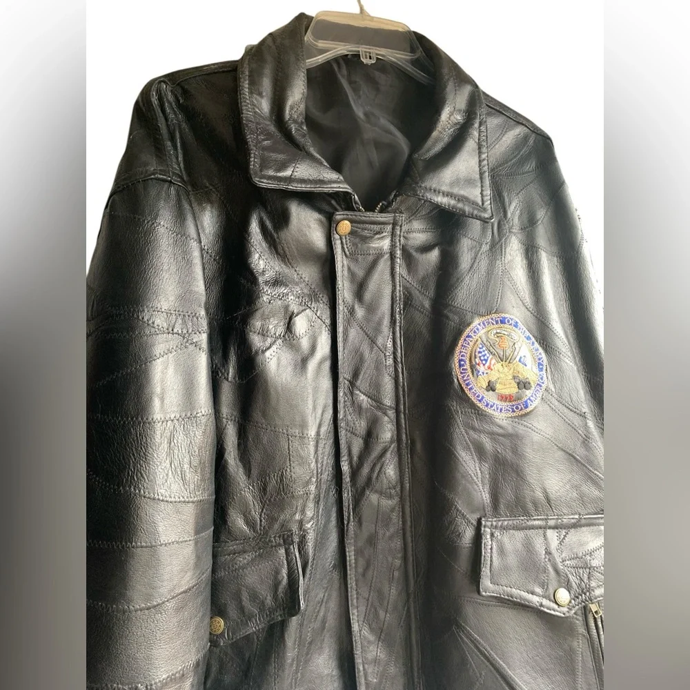 Vintage US Military Patchwork Leather Black Bomber Jacket Department of The Army - Picture 4 of 11